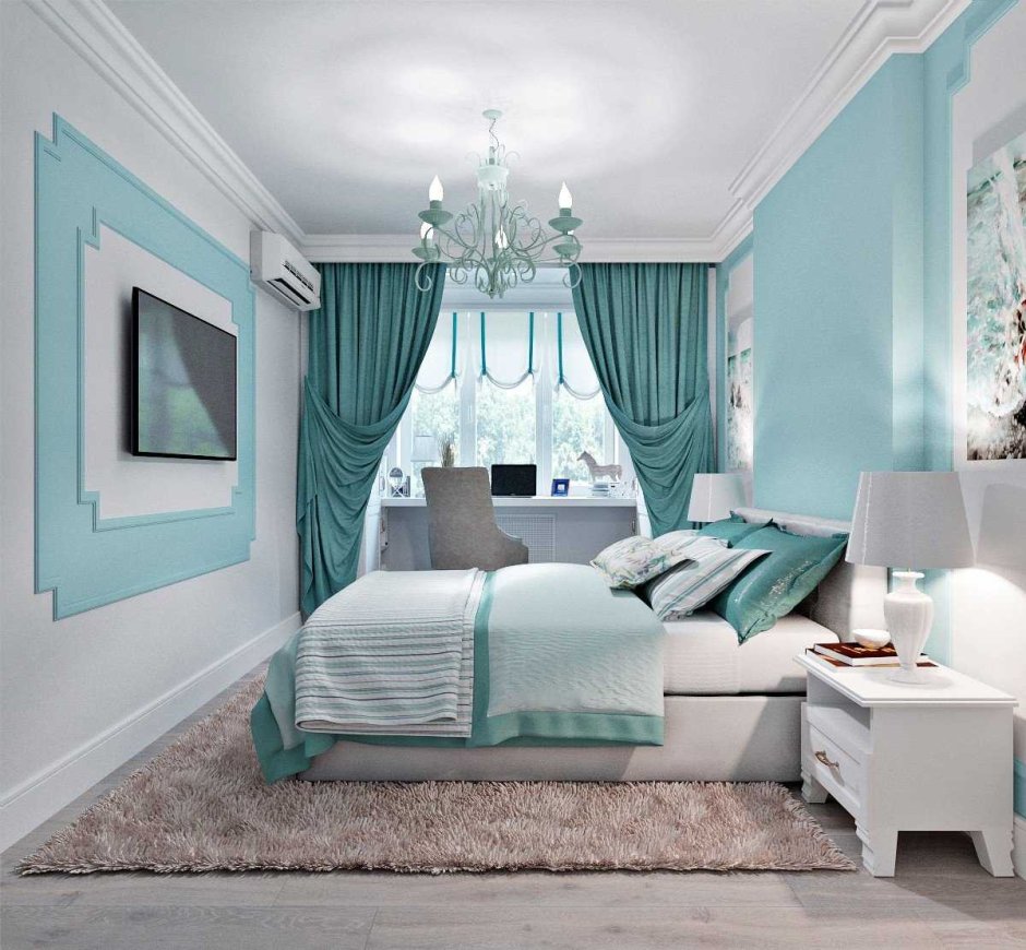Серо бирюзовый цвет в интерьере спальни