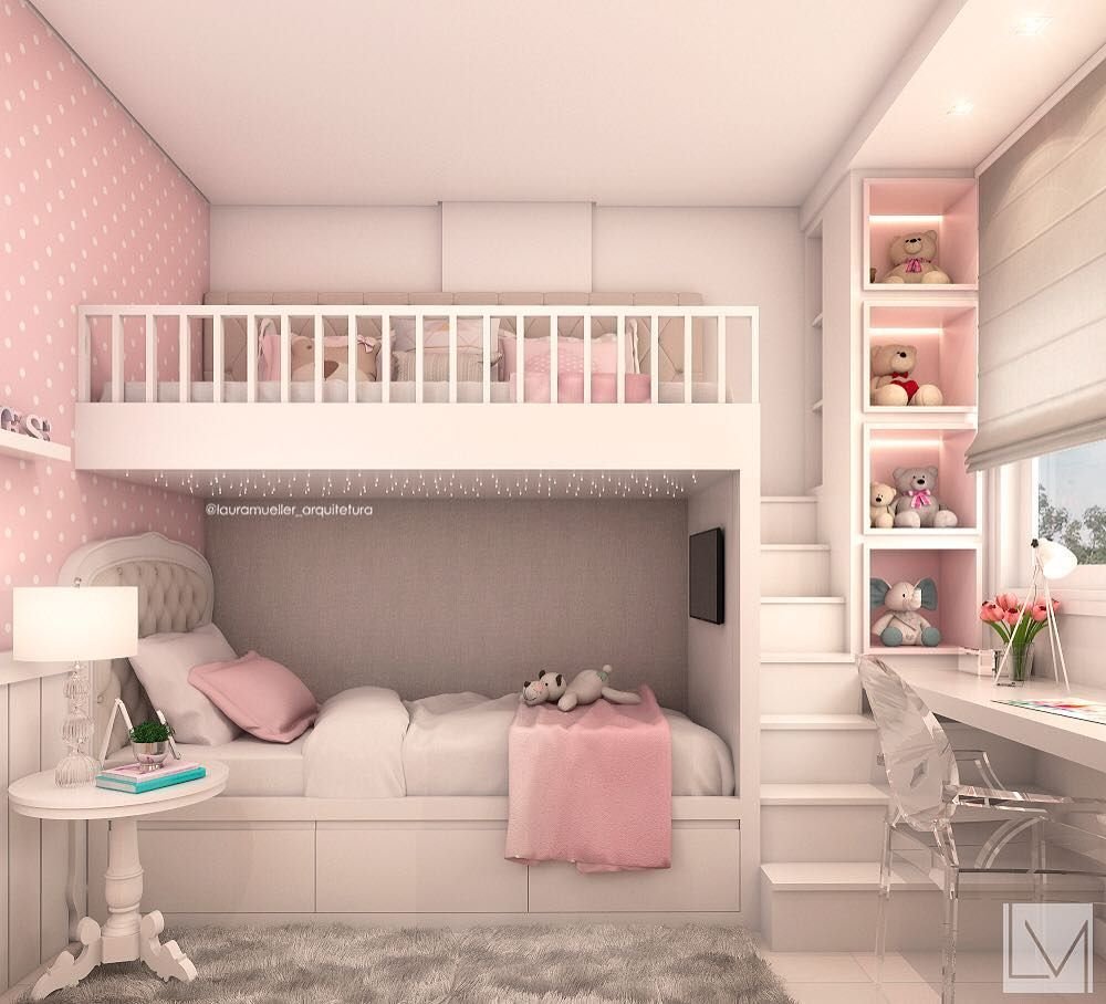 Детская комната для девочки подростка с двухуровневой кроватью