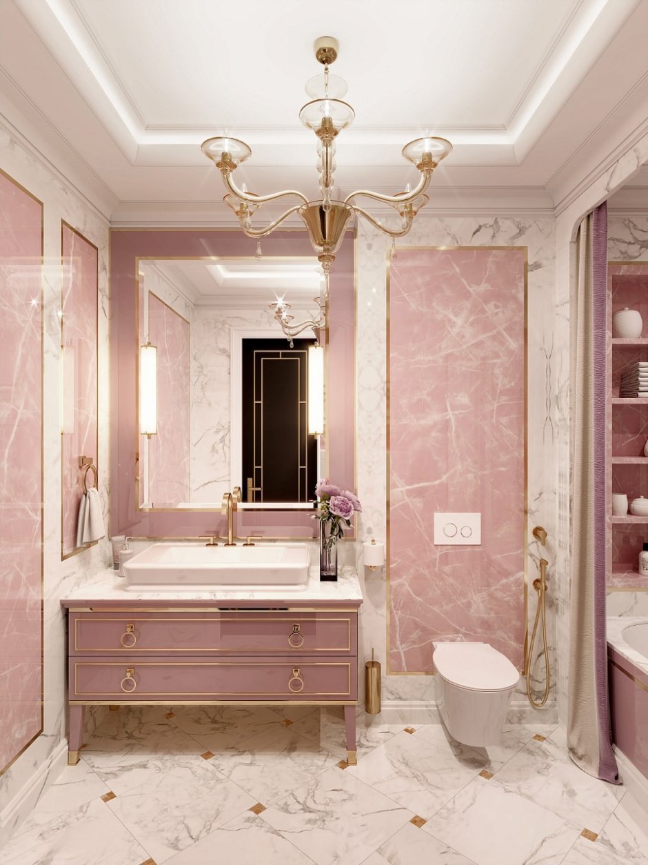 Розовый мрамор в ванной