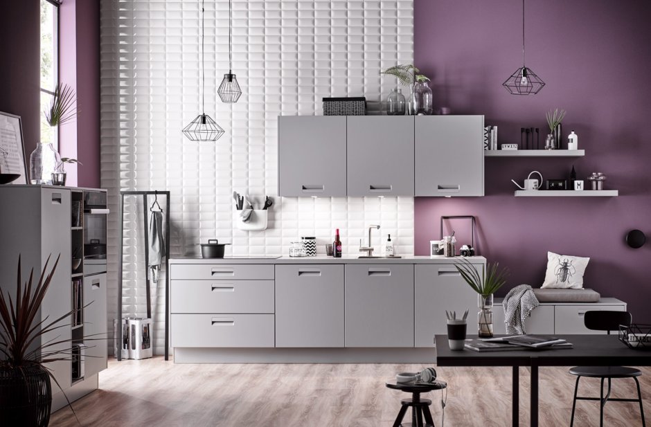 Цвет стен на кухне с серым гарнитуром