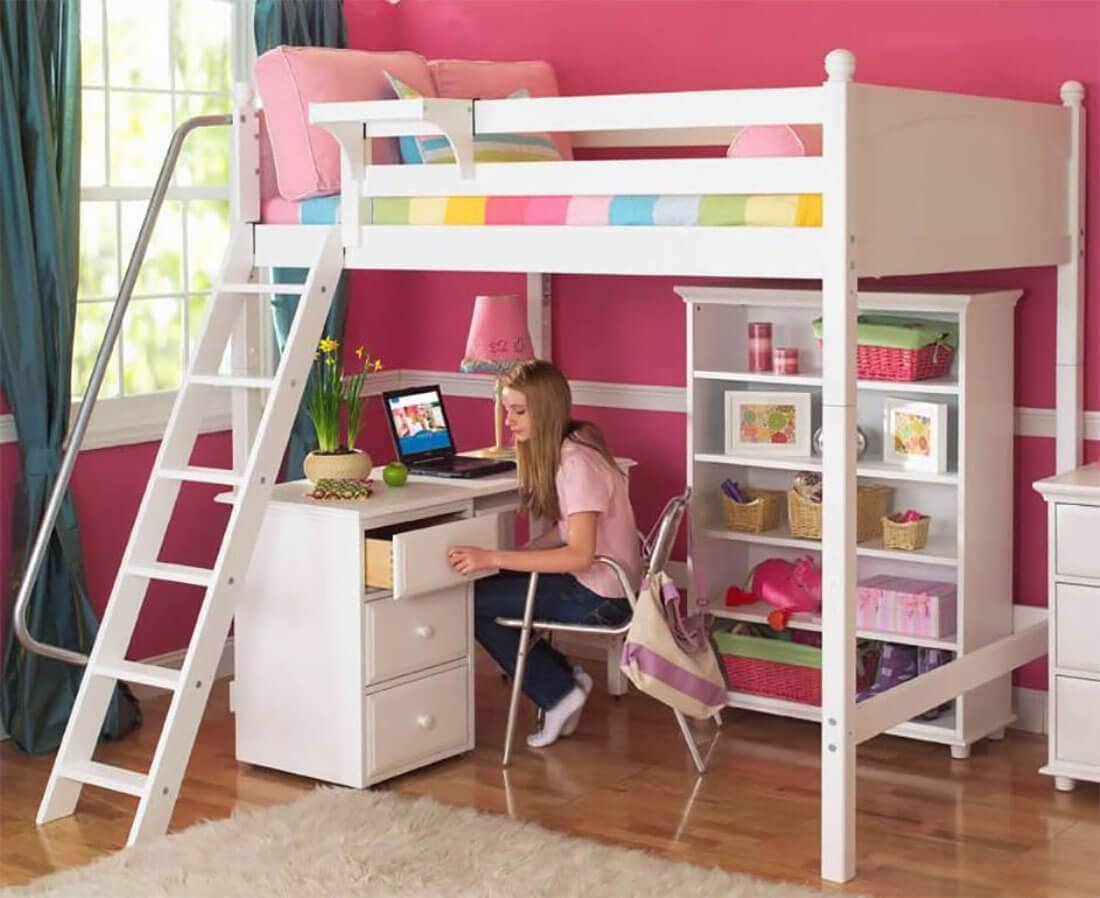 двухэтажная кровать для девочек со столом внизу и шкафом