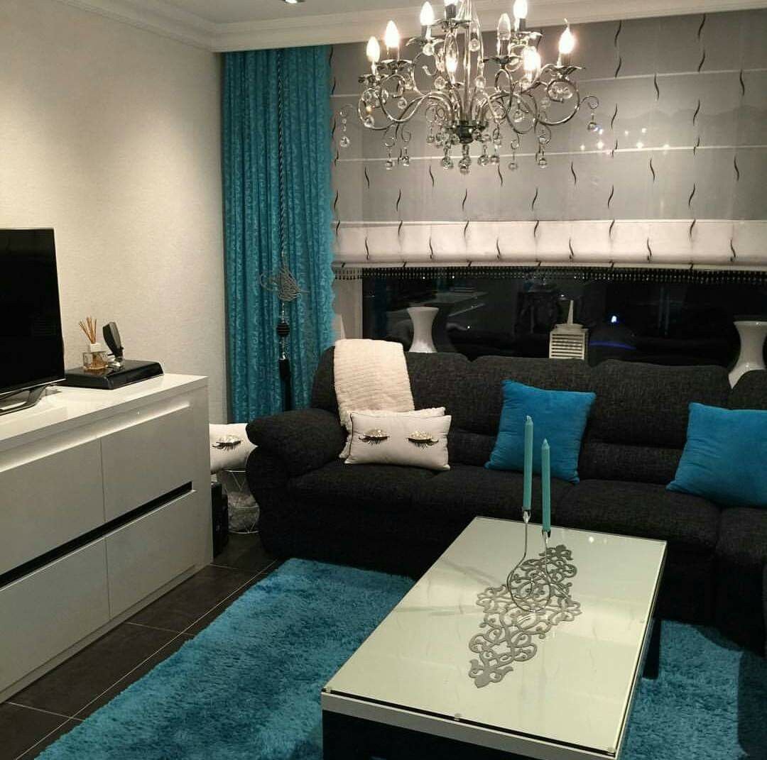серый и бирюзовый цвет в интерьере гостиной