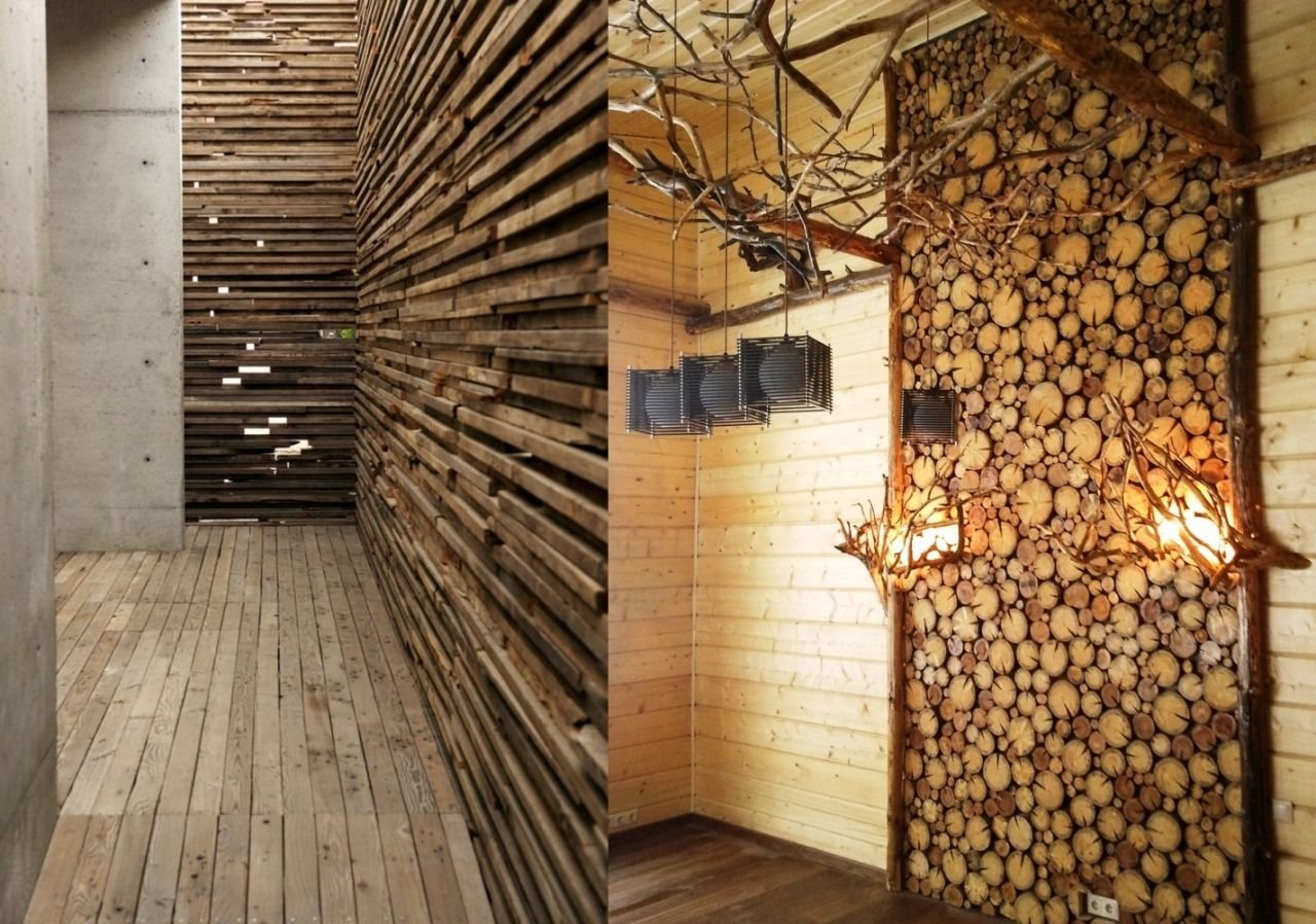 Стена из деревянных плашек в интерьере