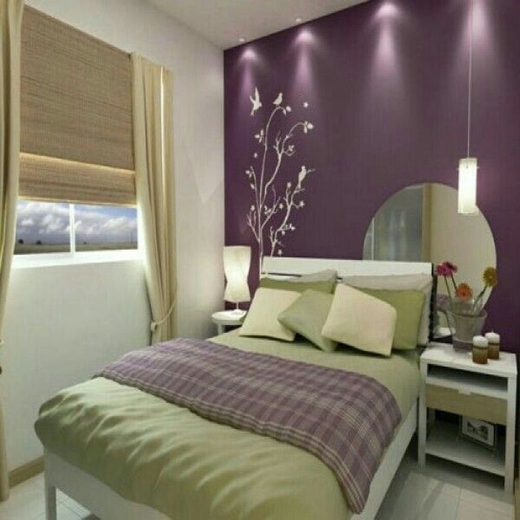 бежевый и фиолетовый в интерьере спальни