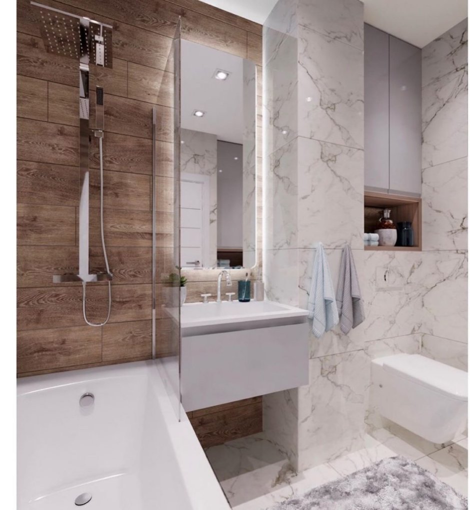Дизайн ванной комнаты мрамор и дерево