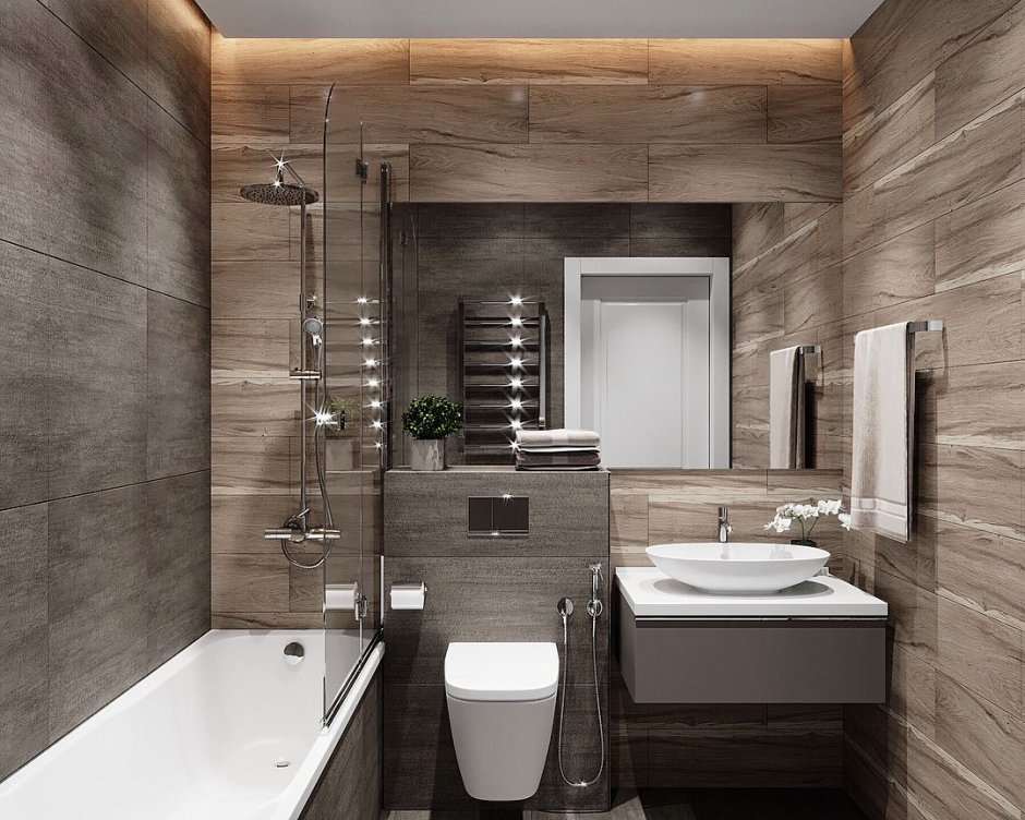 Дизайн ванной комнаты серый с деревом