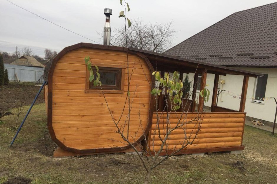 Баня бочка Квадро с террасой