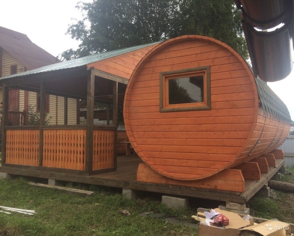 Баня бочка Квадро с верандой