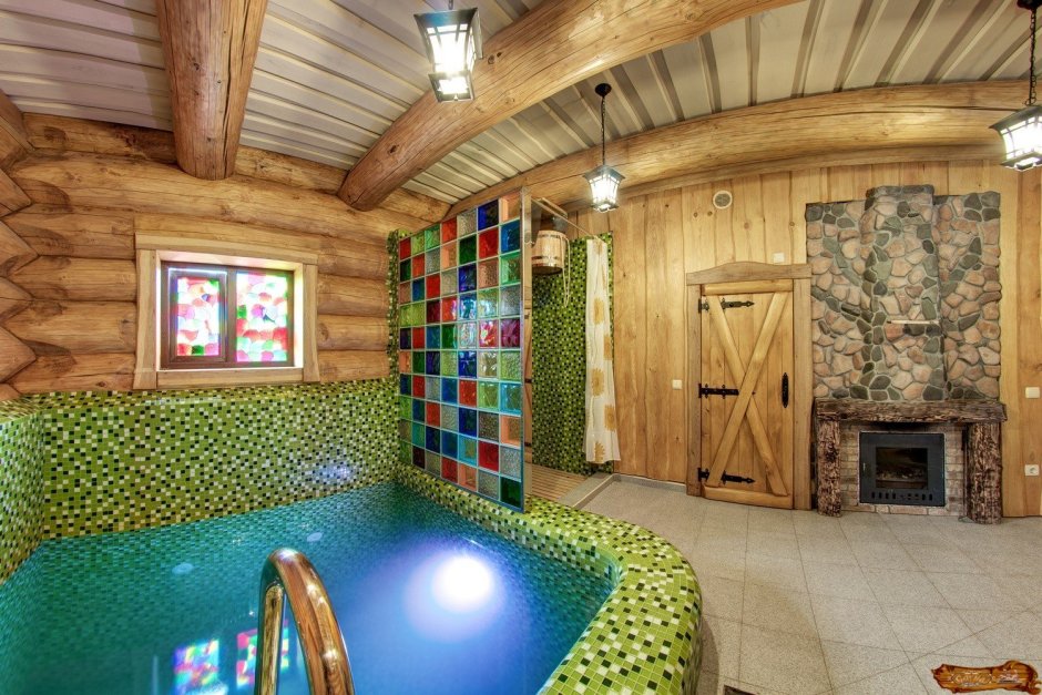 Дизайн бани с бассейном и комнатой отдыха