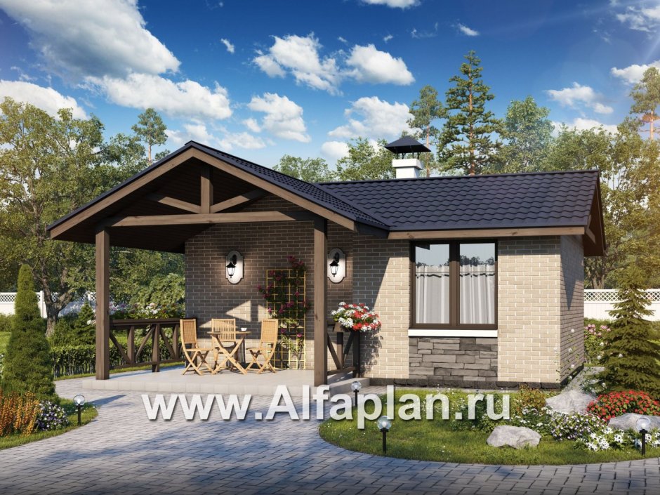 Небольшая кирпичная баня с террасой