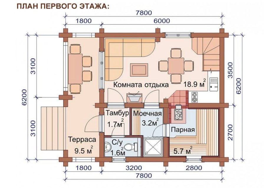 Планировка бани 6х9 из бревна