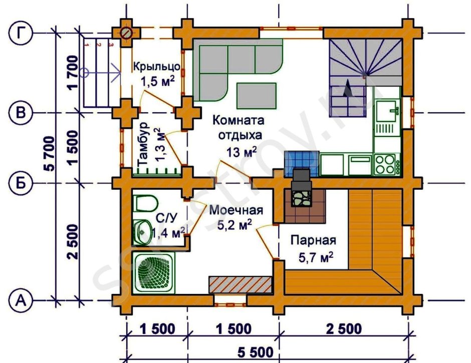 Баня 6х6 планировка с туалетом и с комнатой из бревна