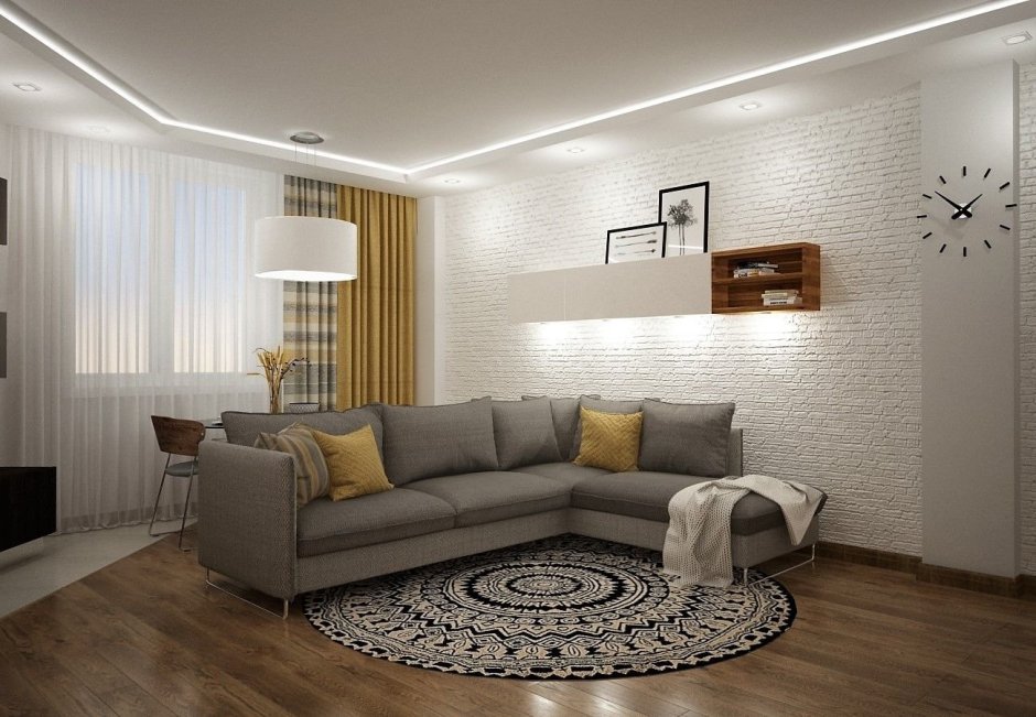 Дизайн зала с угловым диваном