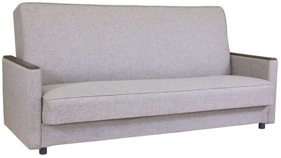 Серый диван с деревянными подлокотниками