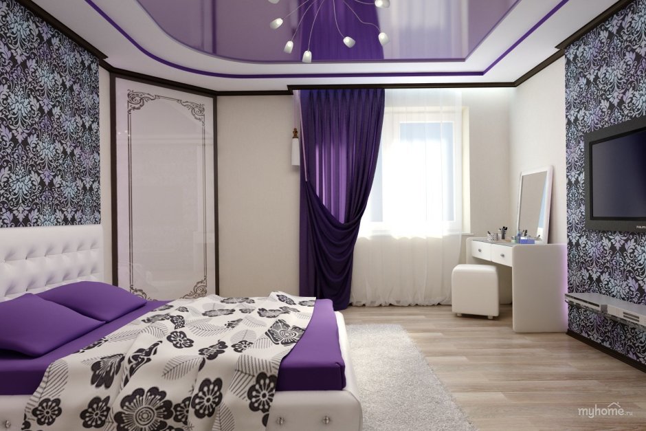 Сочетание цветов с фиолетовым в интерьере спальни