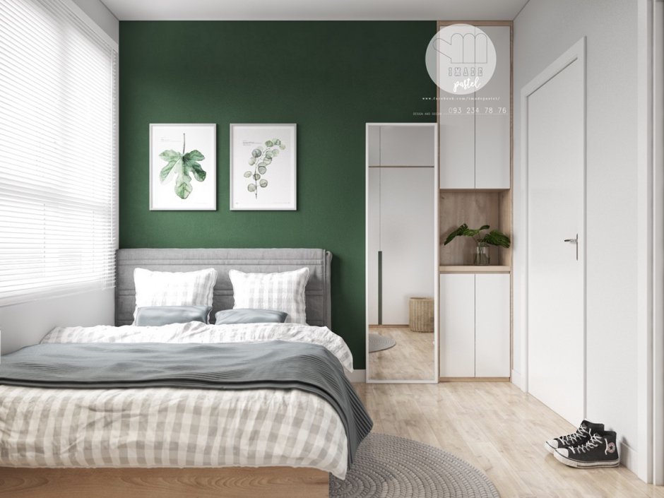 Серо зеленые обои в спальне