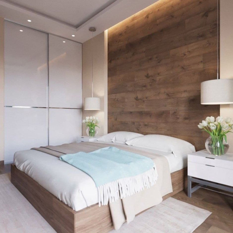 Деревянные панели для стен в интерьере спальни