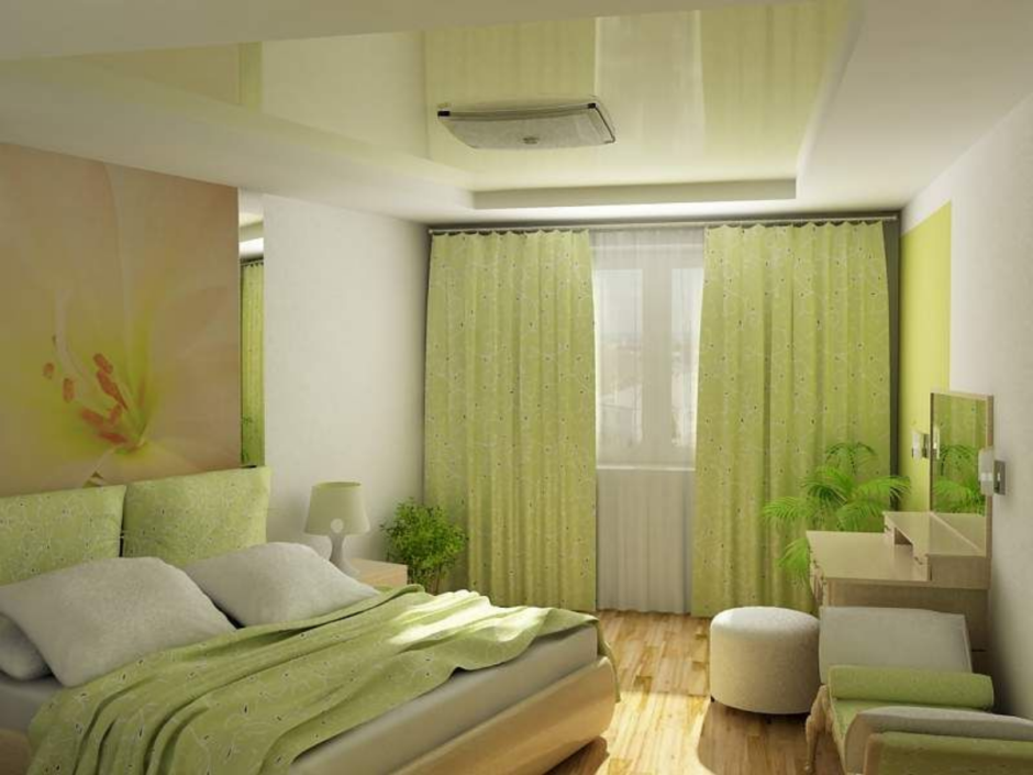 Дизайн спальни с зелеными шторами