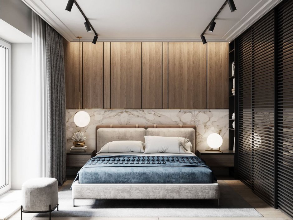Интерьер спальни в современном стиле с диваном
