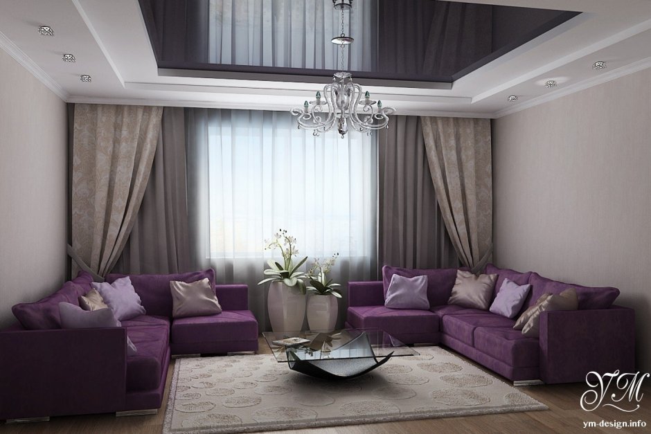 Сочетание серого и фиолетового в интерьере гостиной