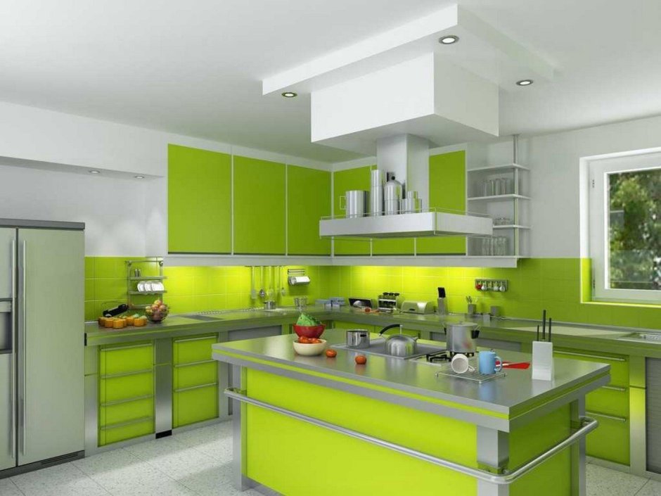Дизайн кухни в серо зеленых тонах