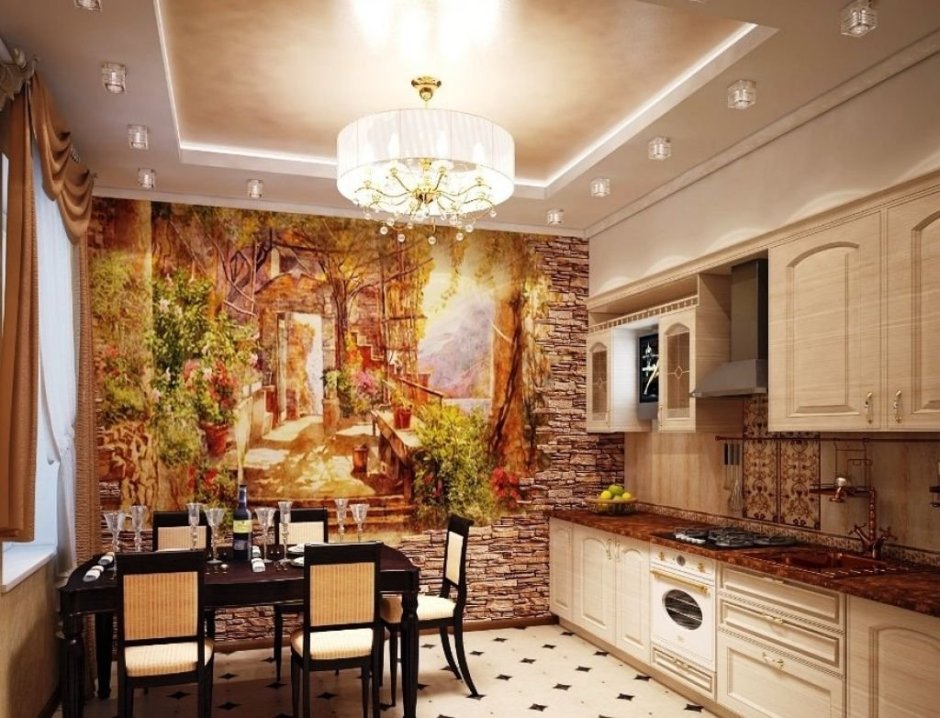 Дизайн кухни с фреской на стене