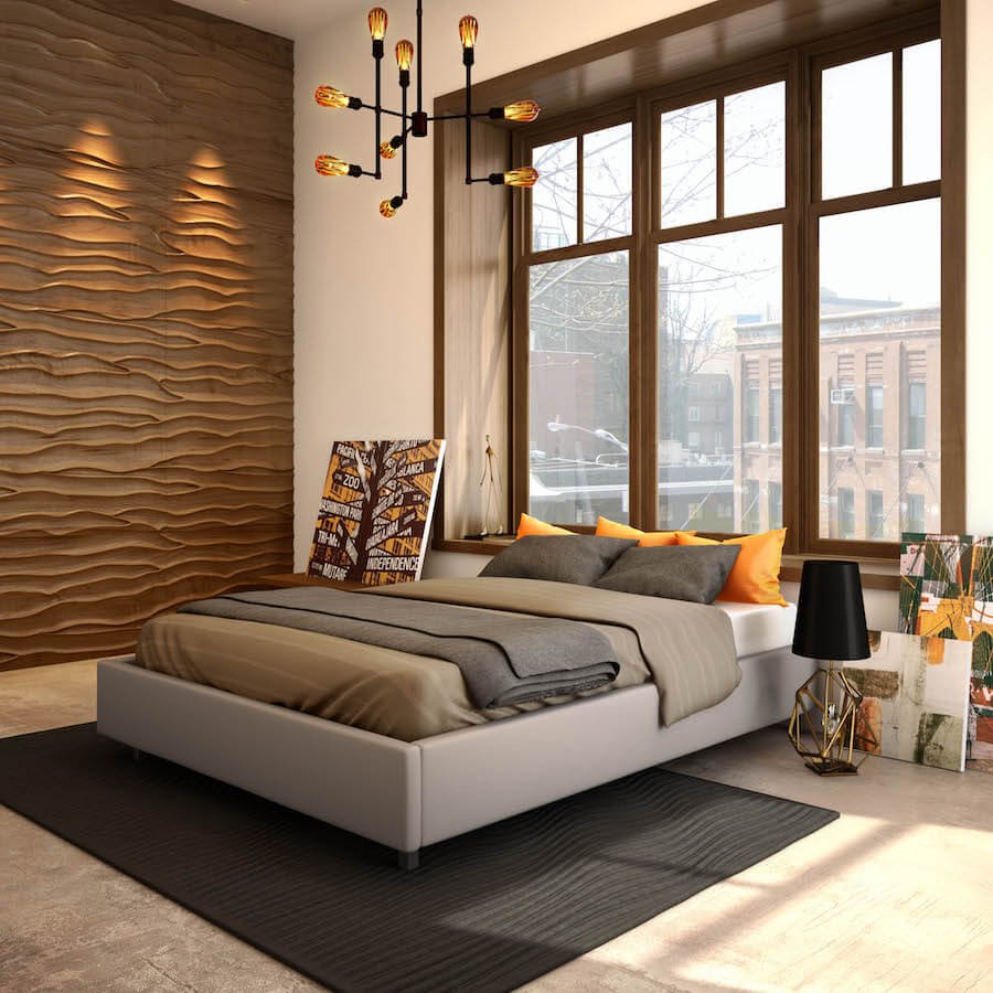 Кровать без изголовья в интерьере спальни