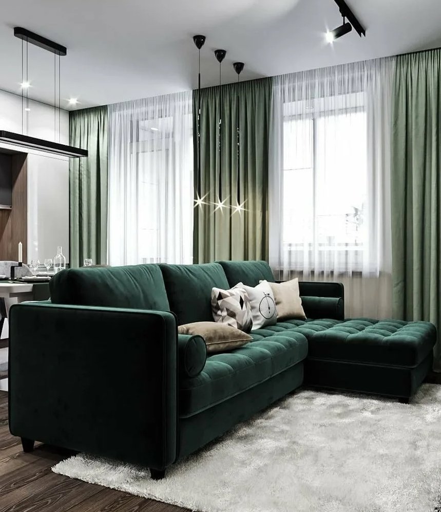 Зеленый диван в гостиной