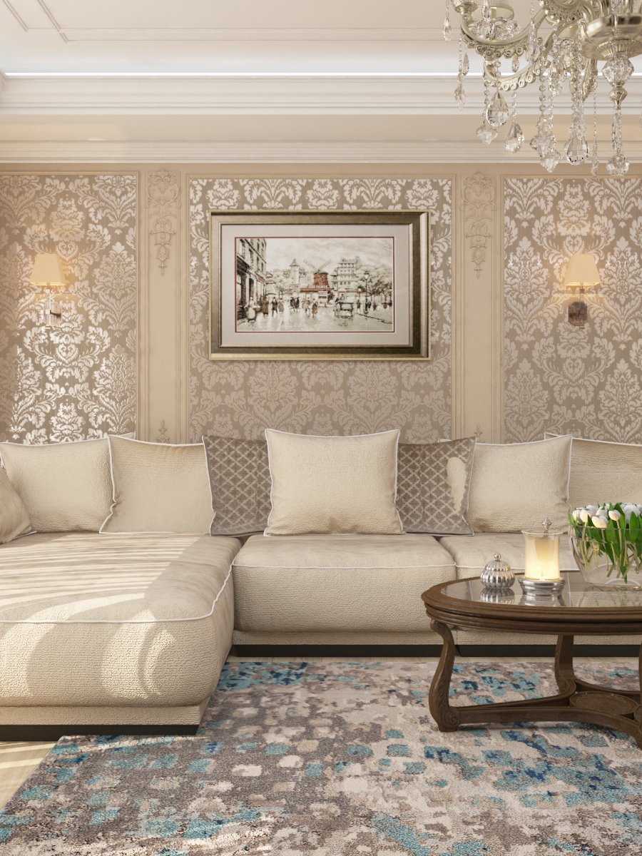 Классический интерьер гостиной в светлых тонах