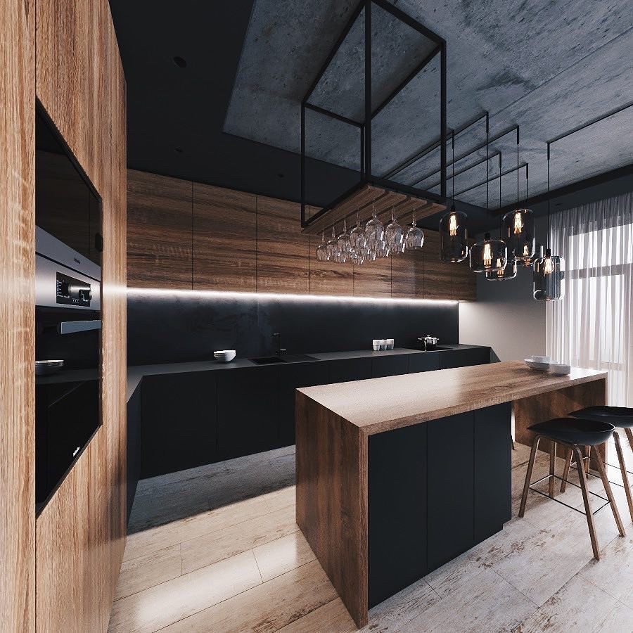 Кухня лофт белая с деревом