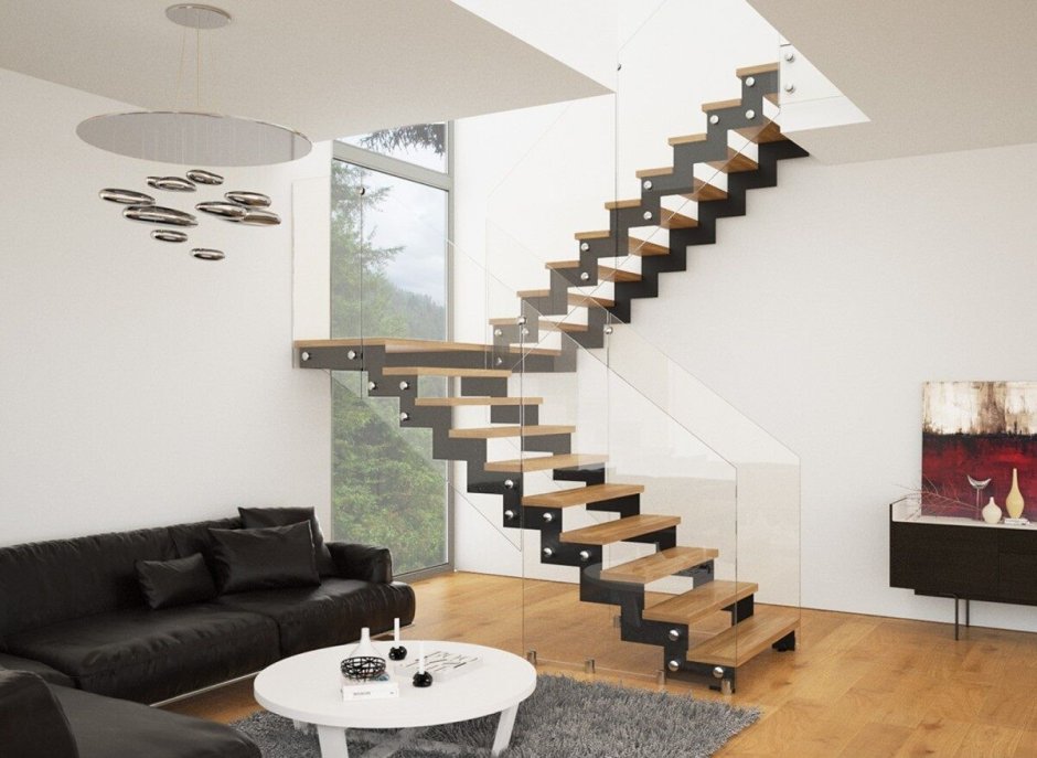 Лестница на второй этаж на металлическом косоуре