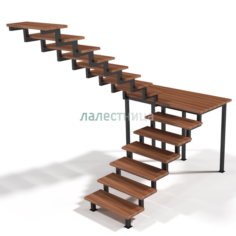 Г-образная деревянная лестница с металлом, ДЛС-016