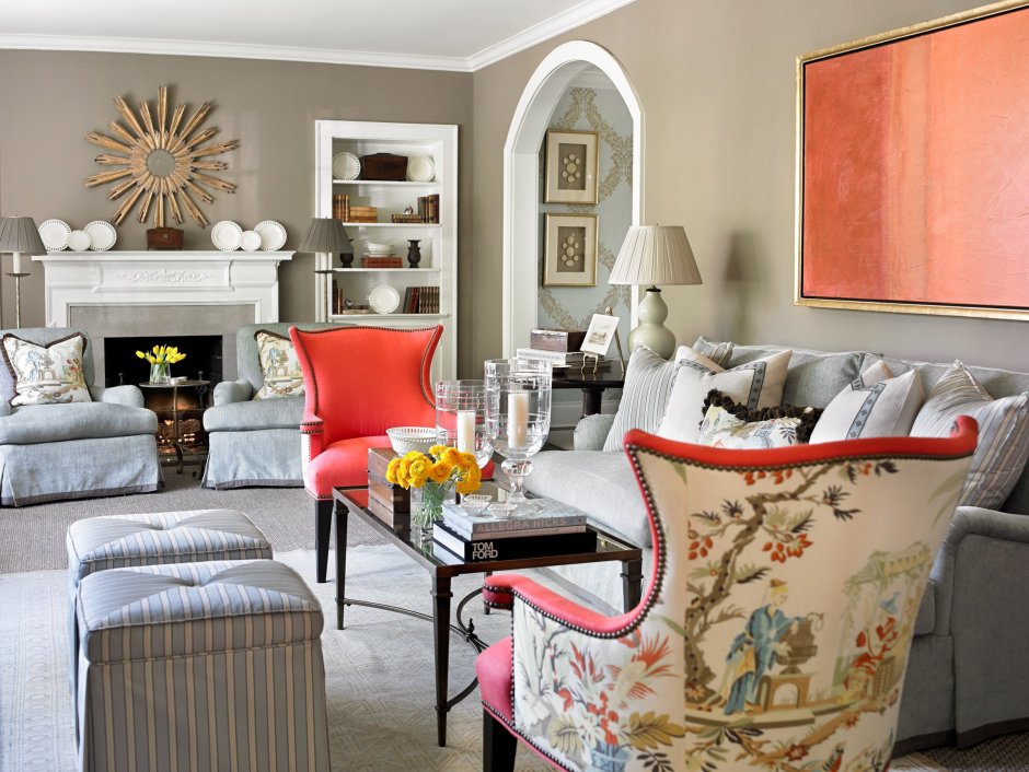 Серый и коралловый в интерьере