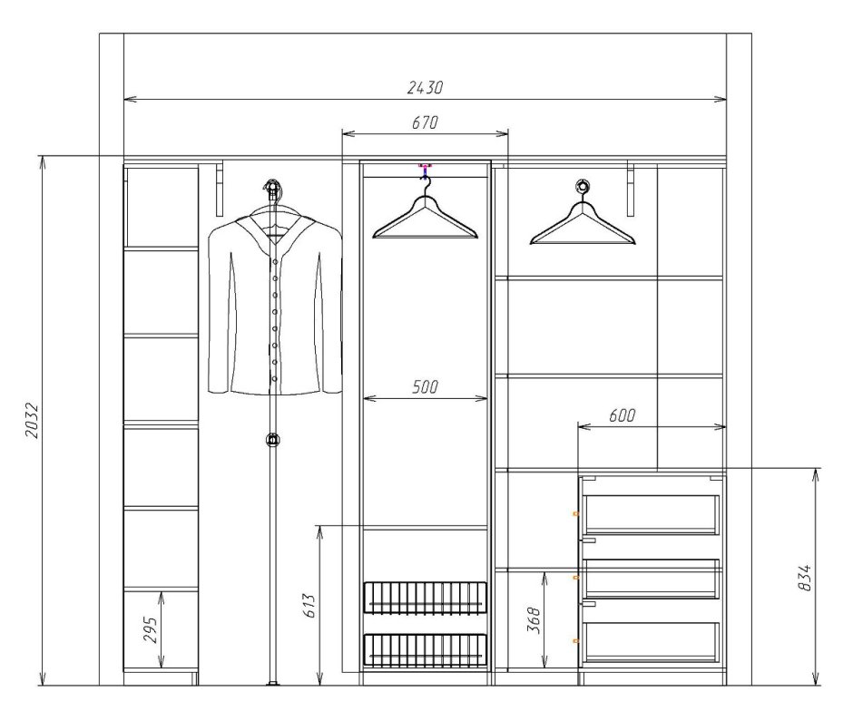 Чертеж гардеробной с размерами 5кв