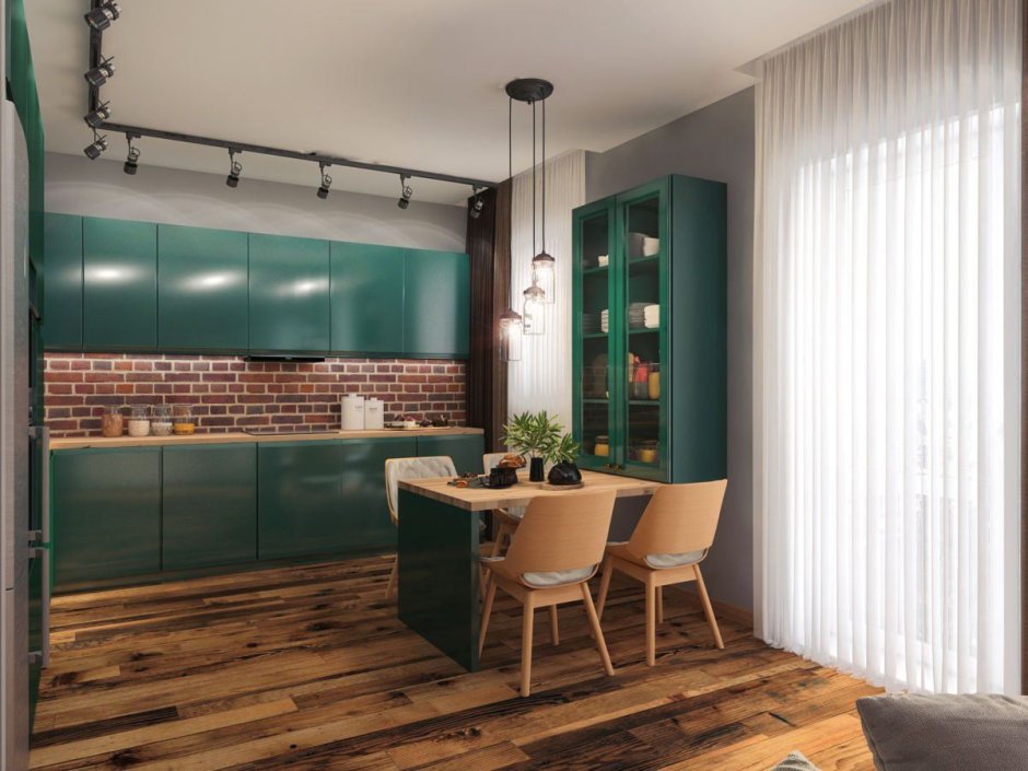 Кухня гостиная с зеленой кухней