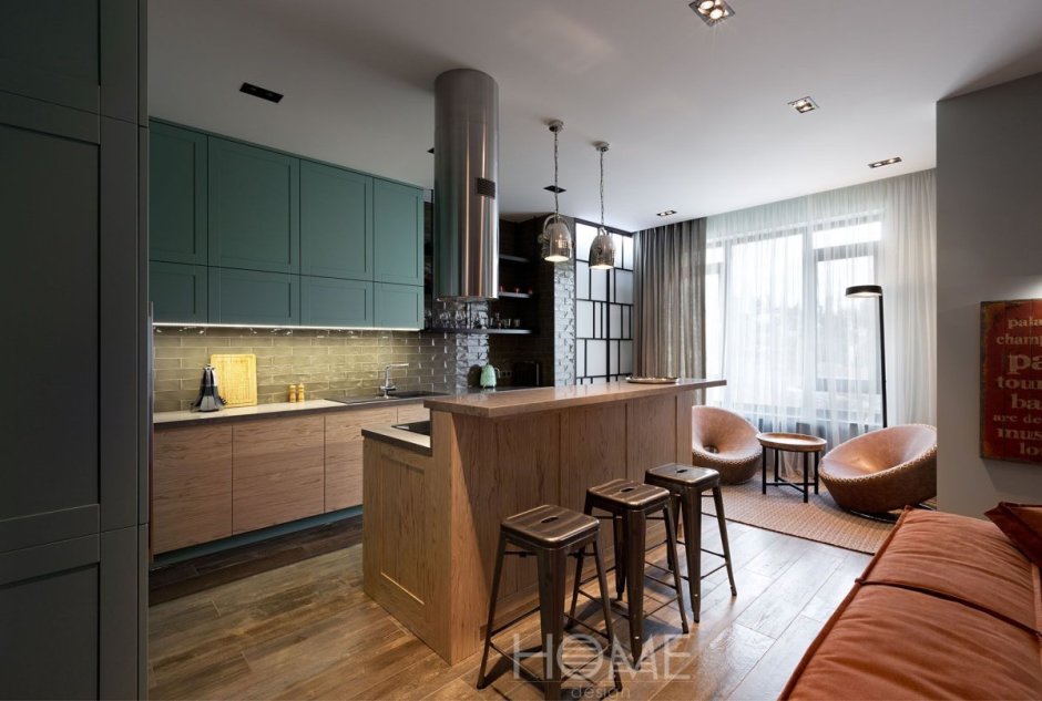 Студия лофт с зеленой кухней