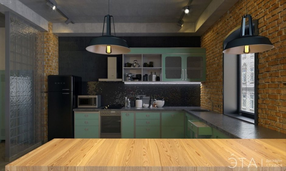 Зеленая кухня лофт
