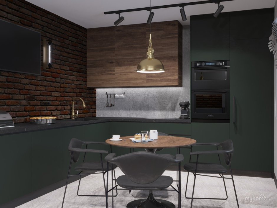 Темно зеленая кухня в стиле лофт
