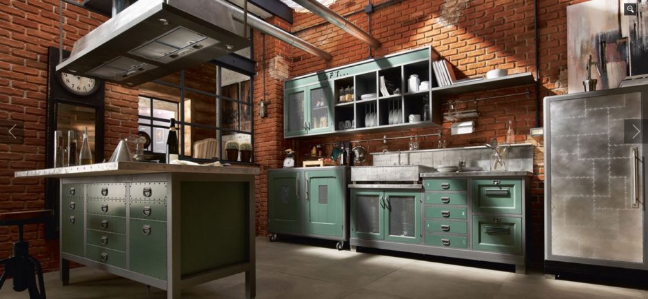 Зеленая кухня в стиле лофт