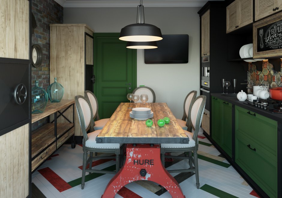 Кухня зеленого цвета лофт