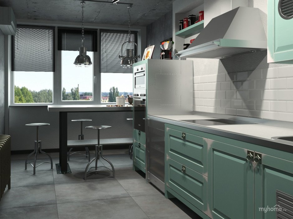Зелёная кухня в стиле ллофт