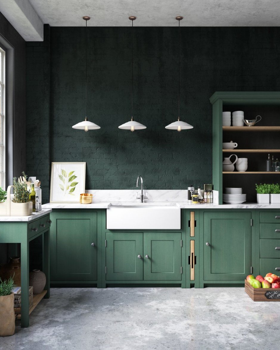 Зеленая кухня в стиле лофт