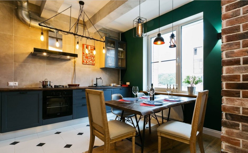 Синяя кухня в стиле лофт