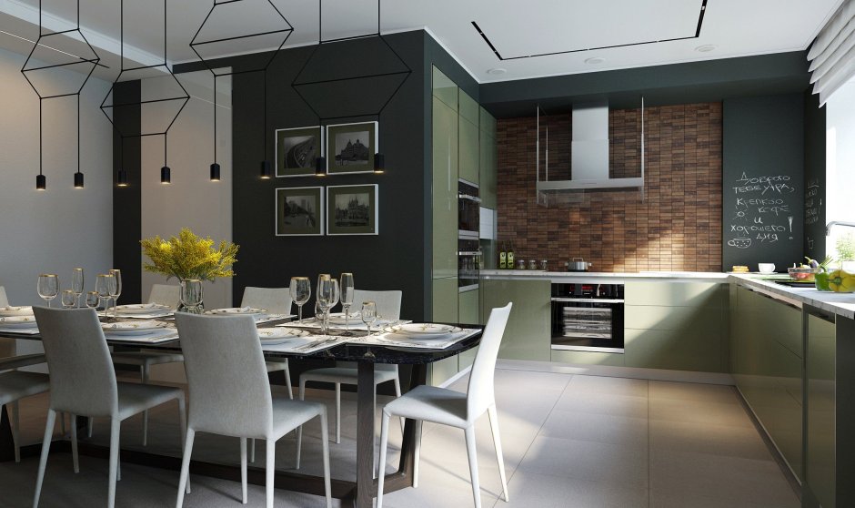 Зеленая кухня в стиле лофт в интерьере