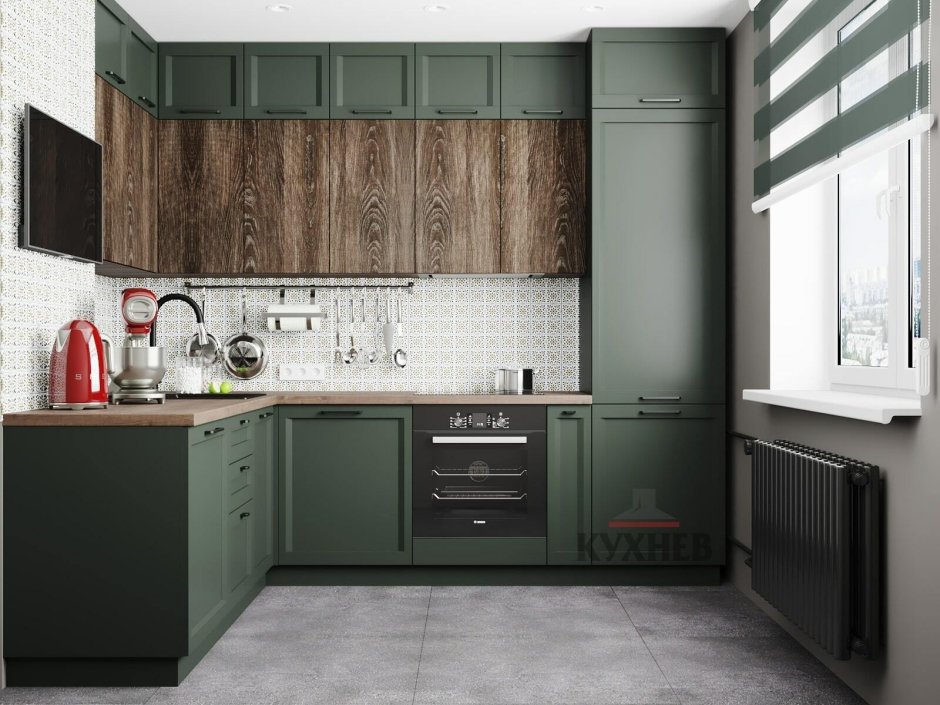 Кухня с темно зелеными фасадами