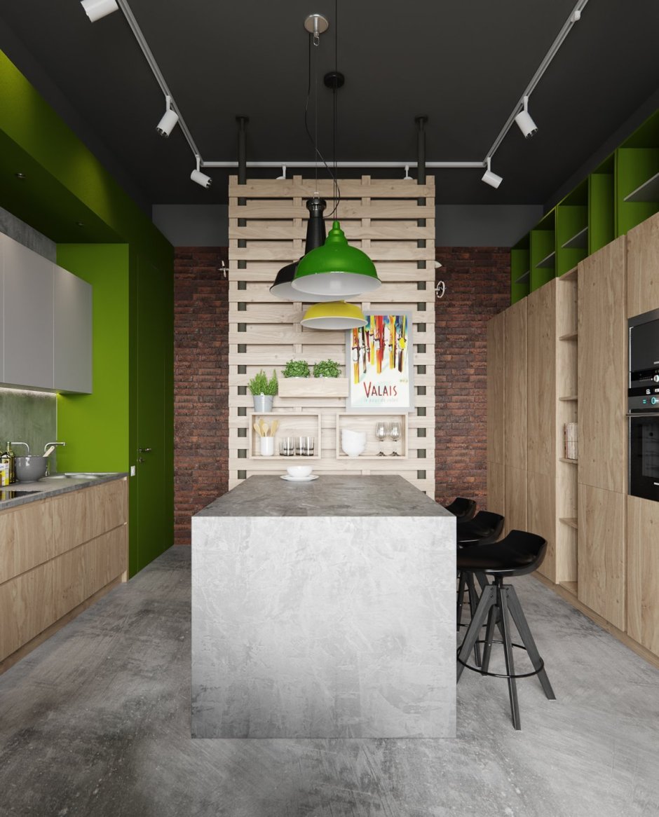 Изумрудная кухня лофт