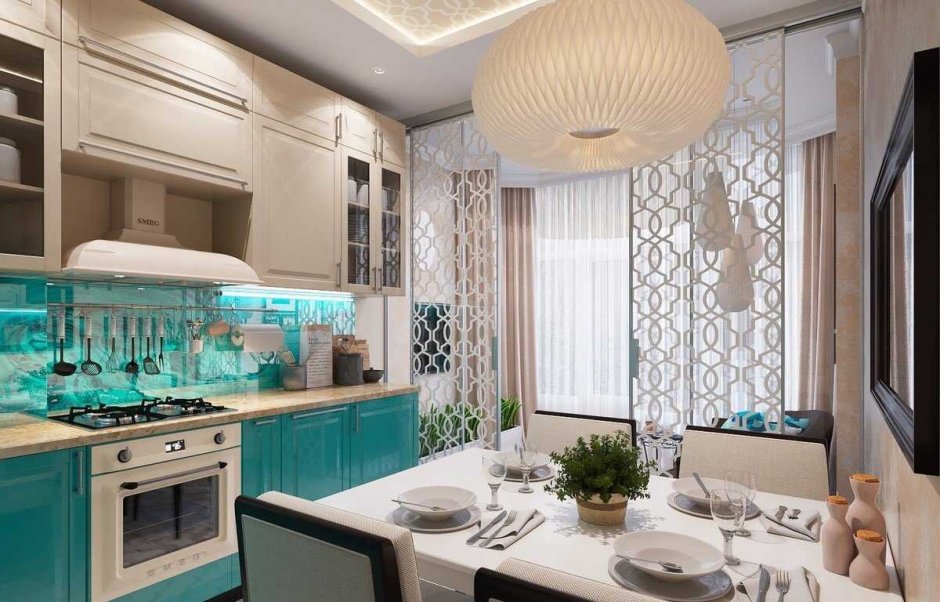 Кухня в бежево бирюзовых тонах