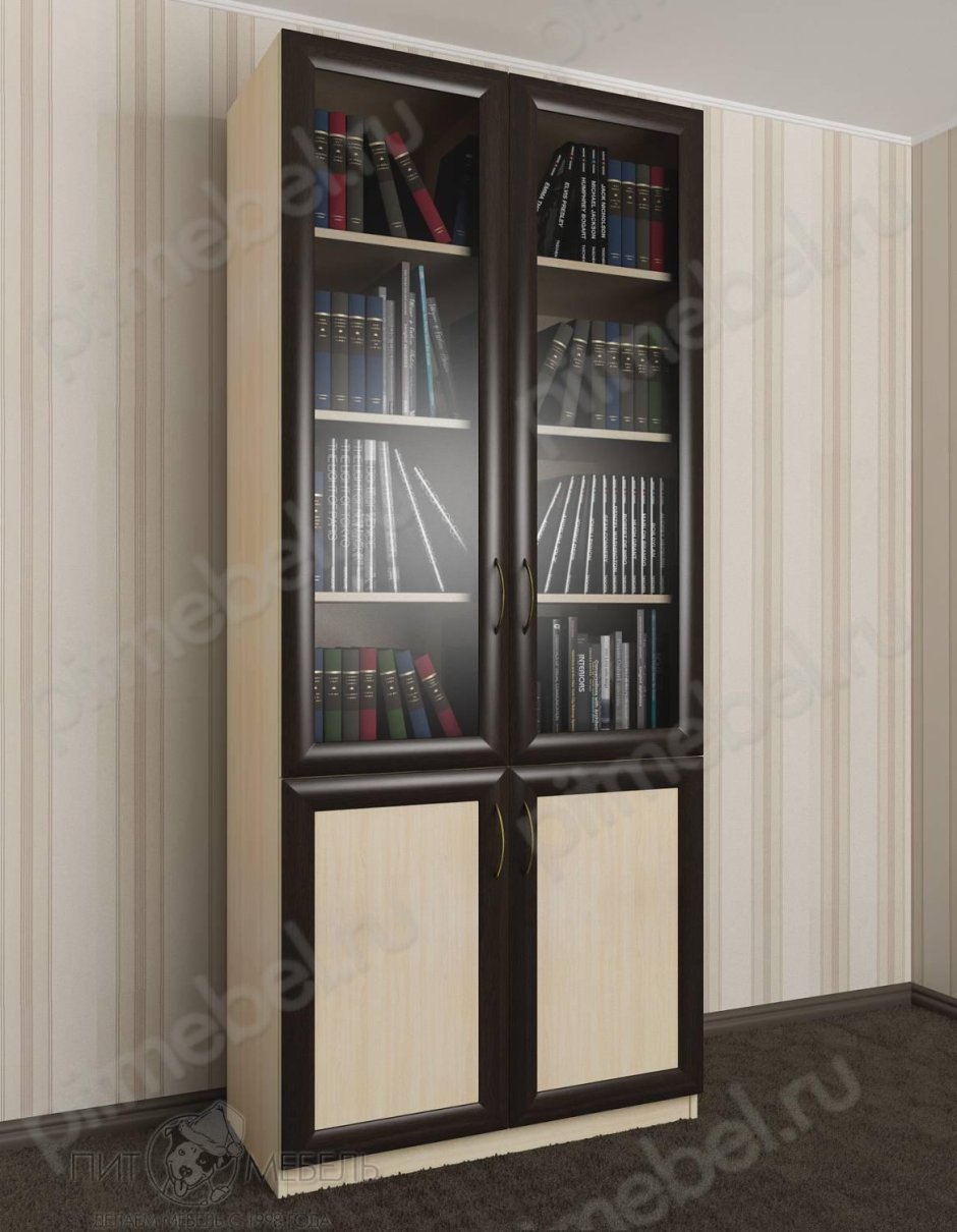 Книжный шкаф двухстворчатый застеклённый, 5 полок, тумба– 2,0 х 0, 80 х 0,36