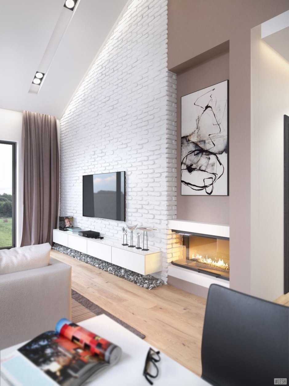 Гостиная с белым кирпичом