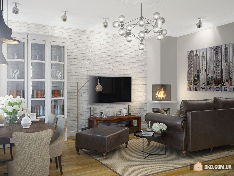 Белый кирпич в интерьере гостиной